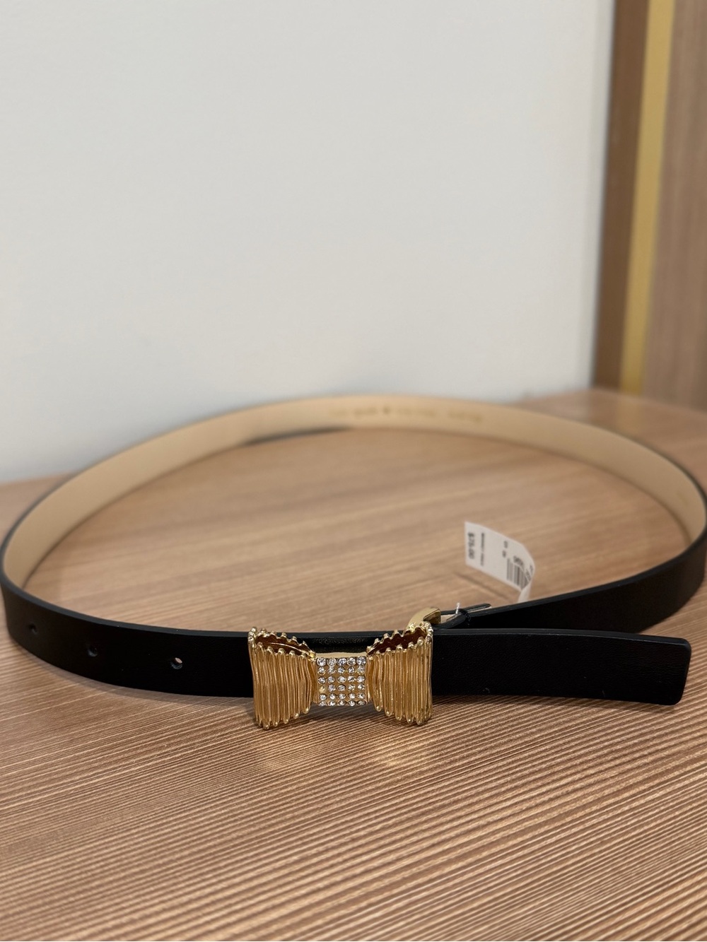 Kate Spade In The Loop Black Leather Skinny Belt Gold Metal Pave Bow Size Small